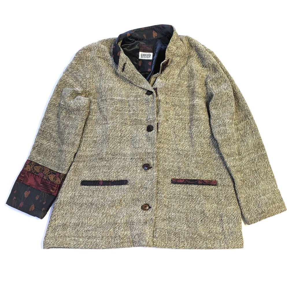 Chicos Design Wool Silk Blend Textured Jacket Floral Trim Blazer Size 2 L Brown